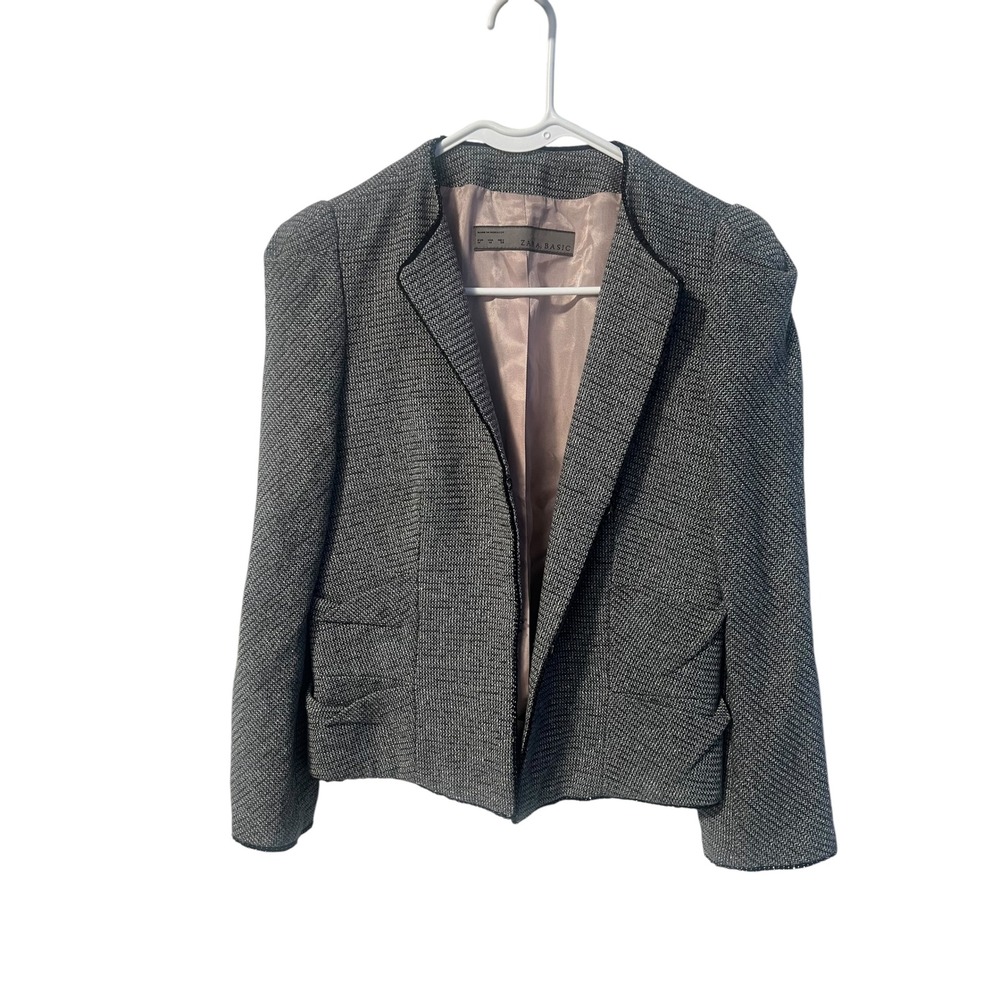 Zara Basic Blazer Tweed Career Jacket Black Trim Pockets Size M‎